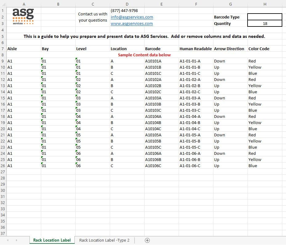Pallet Rack Label Data